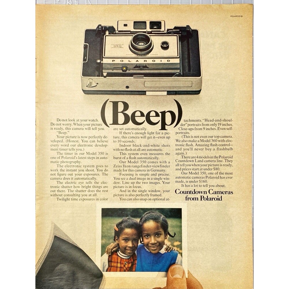Polaroid Countdown Cameras "When Photo is Ready: BEEP" Vintage Print Ad 1970